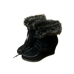 Y2K Black Suede Wedge Ankle Boots Faux Fur Trim L